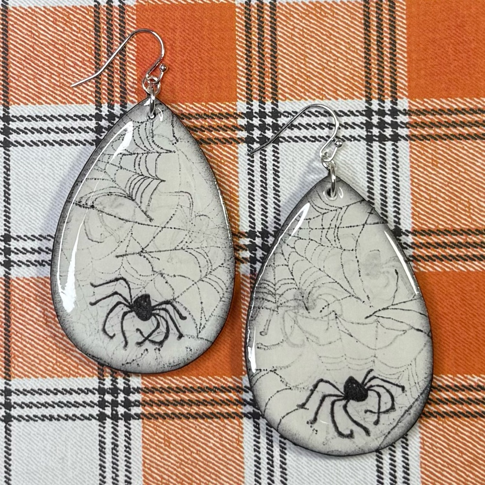 Handcrafted Large Teardrop Earrings - Spiderweb and Spider - Hand Stamped Images